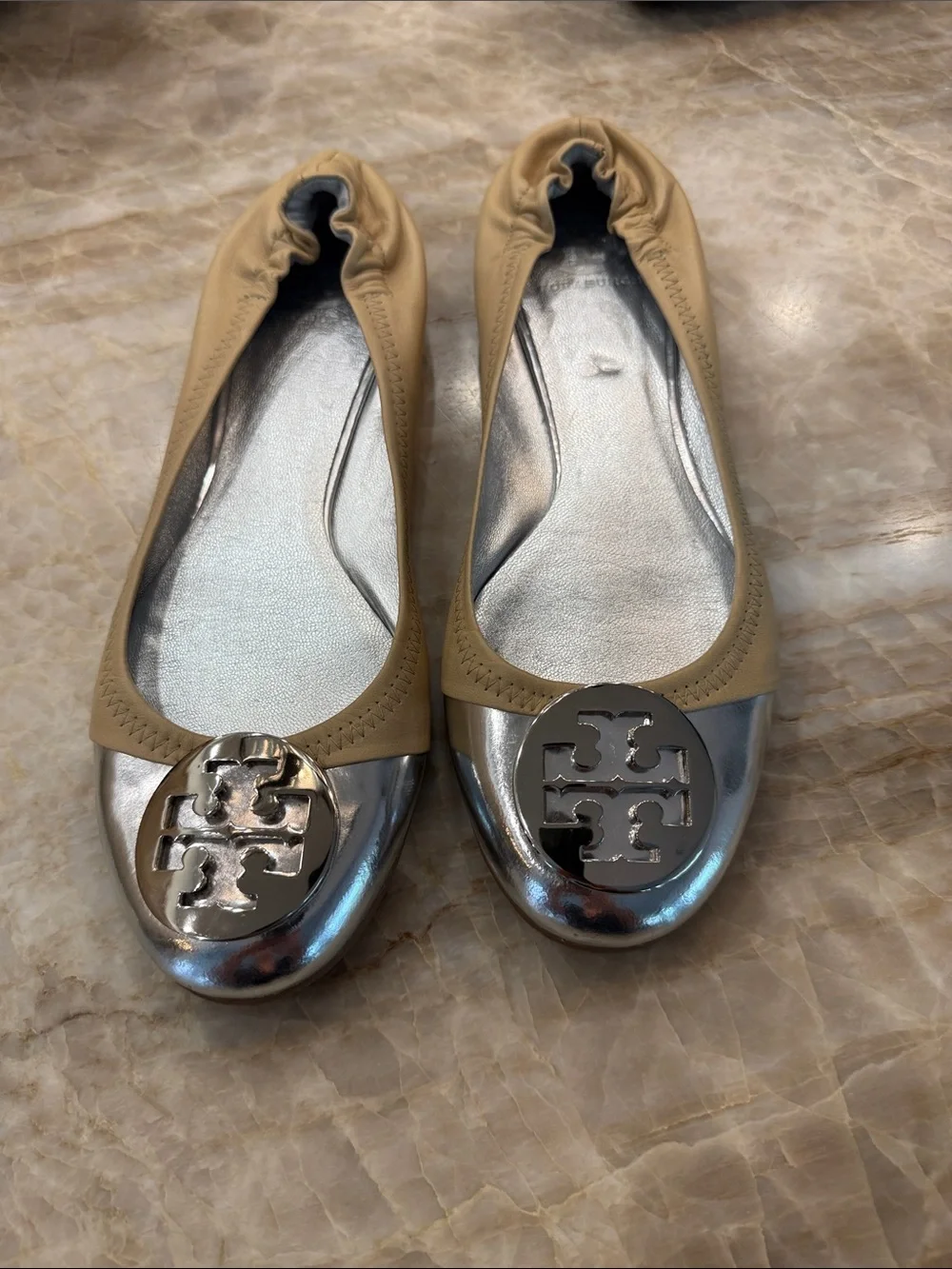 Tory Burch Beige Leather Ballet Flats with Silver Toe Medallion